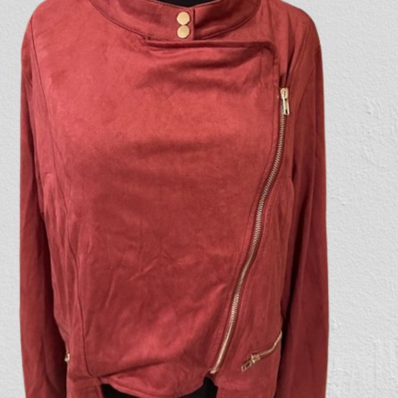 Burgundy Faux Suede drape front Moto Jacket - Picture 3 of 11